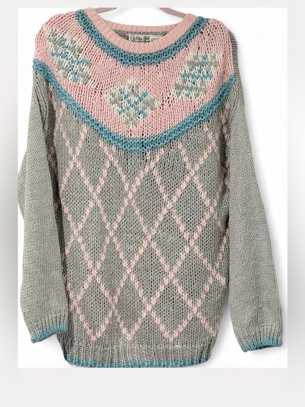VTG Golden Isle Women’s Plus Size Gray & Pastel Geometric Sweater Cottagecore